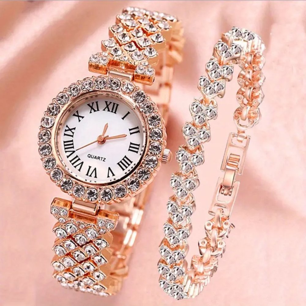 2pcs Watch and Bracelet Set Women Quartz Watch + Heart Bracelet Bling Rose Gold